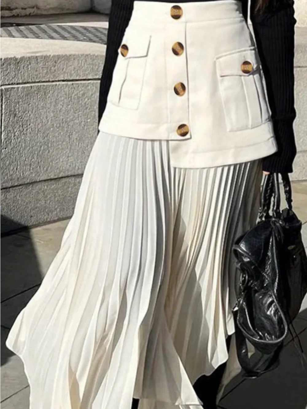 Commense Cream Pleated Maxi Skirt with Buttoned Panel - Picture 1 of 6